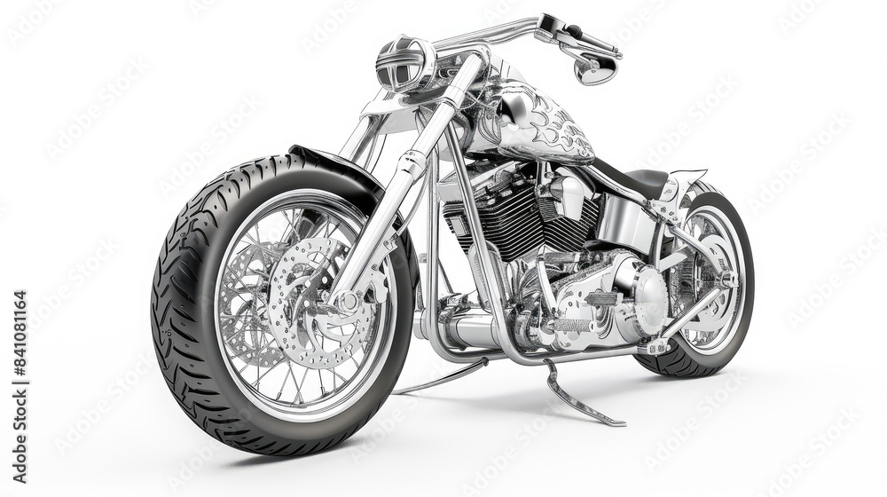 Silver Chopper Motorcycle on White Background