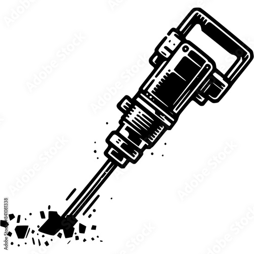 Jackhammer for concrete crushing in monochrome. Professional tool. Simple minimalistic vector in black ink drawing on transparent background