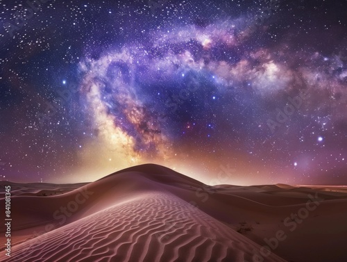 The image shows a beautiful desert landscape with a starry night sky and a large sand dune in the foreground.