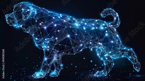 Create blue glowing points filled with technology in the shape of a dog Black background
