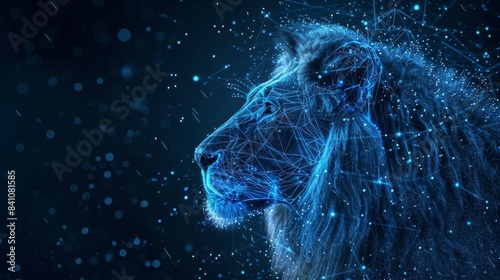 Create blue glowing points filled with technology in the shape of a lion Black background photo