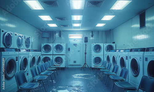 photo displays washing machines, dryers, mic stand, and folding chairs in a monochromatic palette. The eye-level angle and wide shot capture modern appliances and minimalist design. AI generative. photo