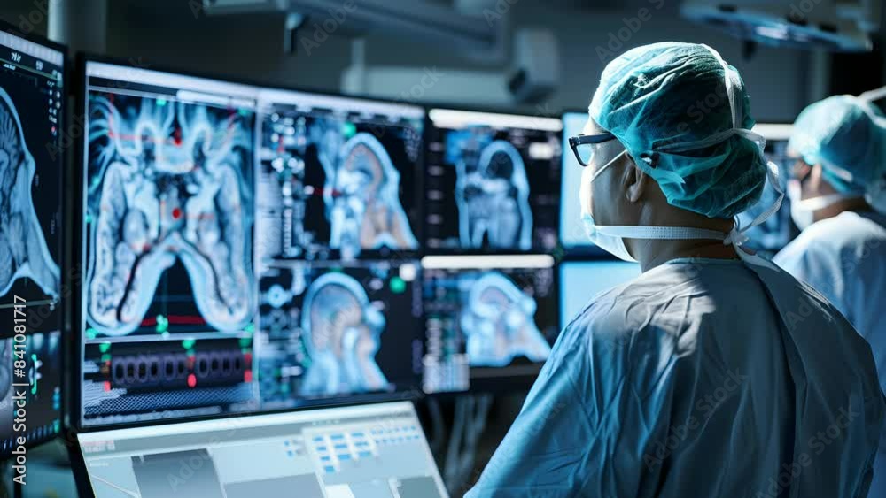 Surgeon Examining Brain Scans in an Operating Room Surgeon Examining Brain Scans in an Operating Room