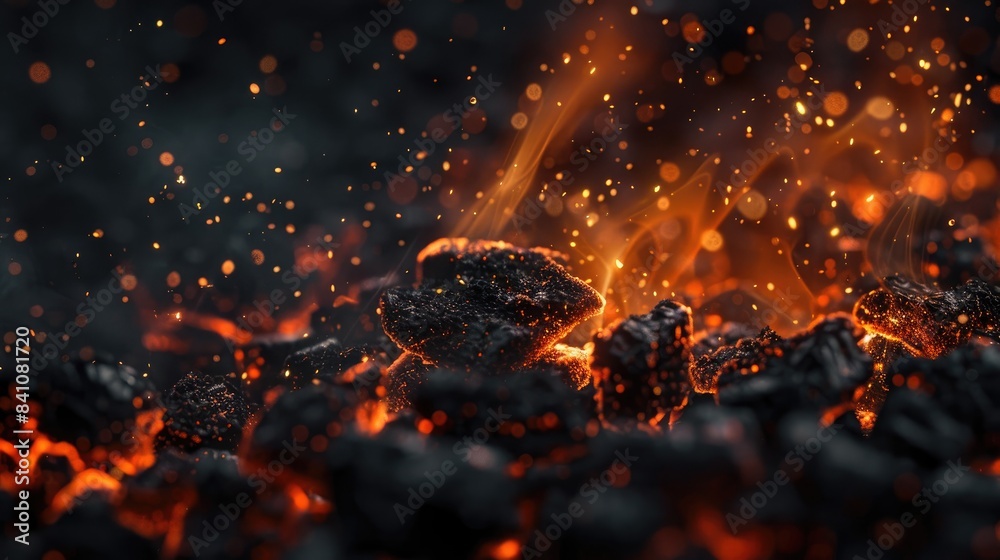 Close up of charcoal embers on a dark background Close up of charcoal embers on a dark background