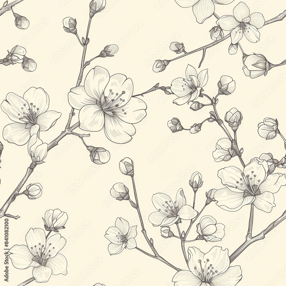 A minimalist line art of cherry blossoms on a branch, featuring delicate flowers and buds, creating a serene and tranquil visual. Minimal pattern banner wallpaper, simple background, Seamless, A minimalist line art of cherry blossoms on a branch, featuring delicate flowers and buds, creating a serene and tranquil visual. Minimal pattern banner wallpaper, simple background, Seamless,