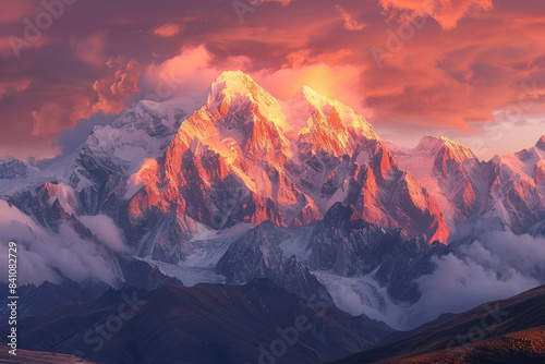 Sunrise over snow-capped mountains, casting golden light on peaks