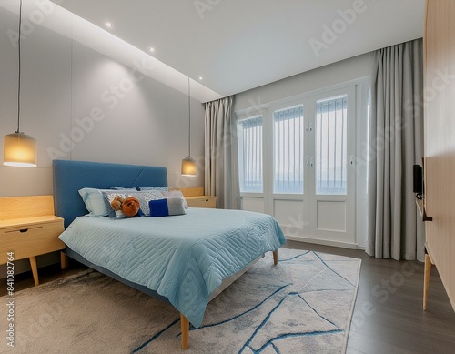 Stunning Bedroom in Luxurious New Home with Panoramic Windows and Designer Area Rug