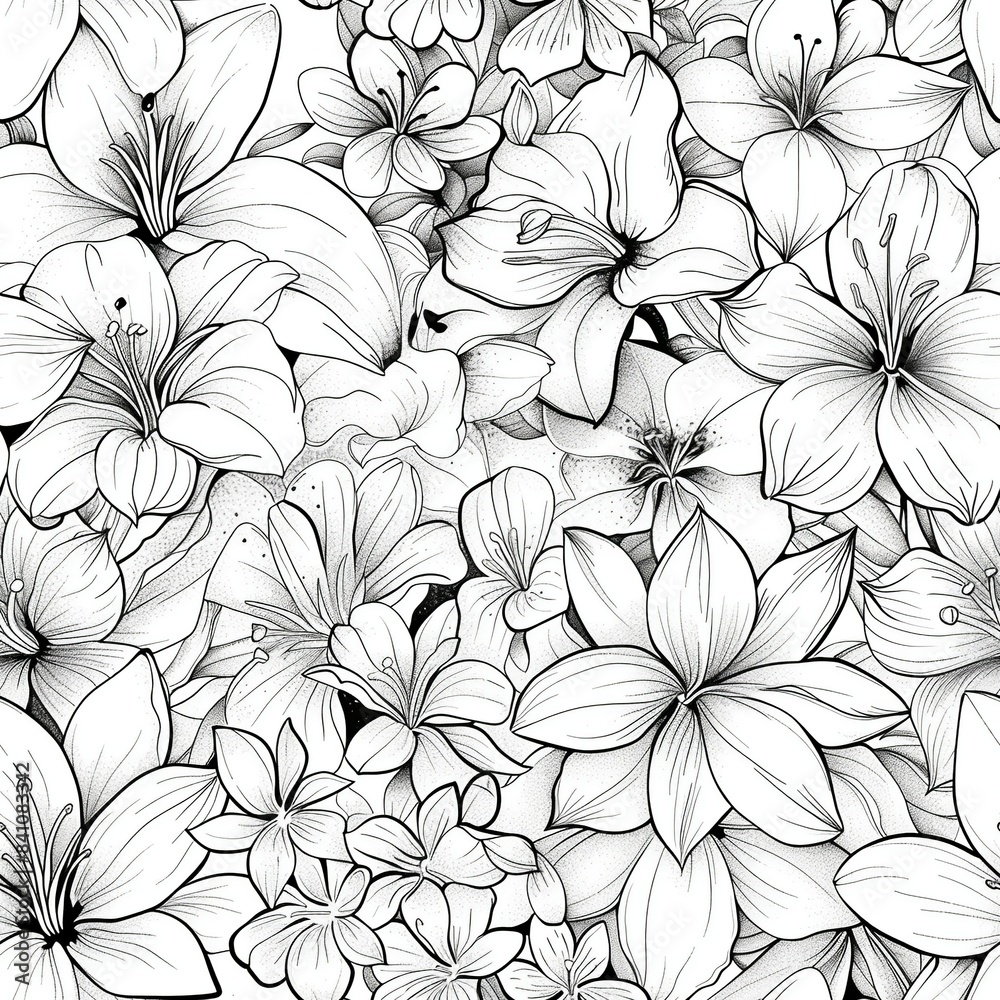 An illustration of a bouquet of mixed flowers in line art, including roses, lilies, and daisies, each rendered with fine details and textures. Minimal pattern banner wallpaper, simple background, An illustration of a bouquet of mixed flowers in line art, including roses, lilies, and daisies, each rendered with fine details and textures. Minimal pattern banner wallpaper, simple background,