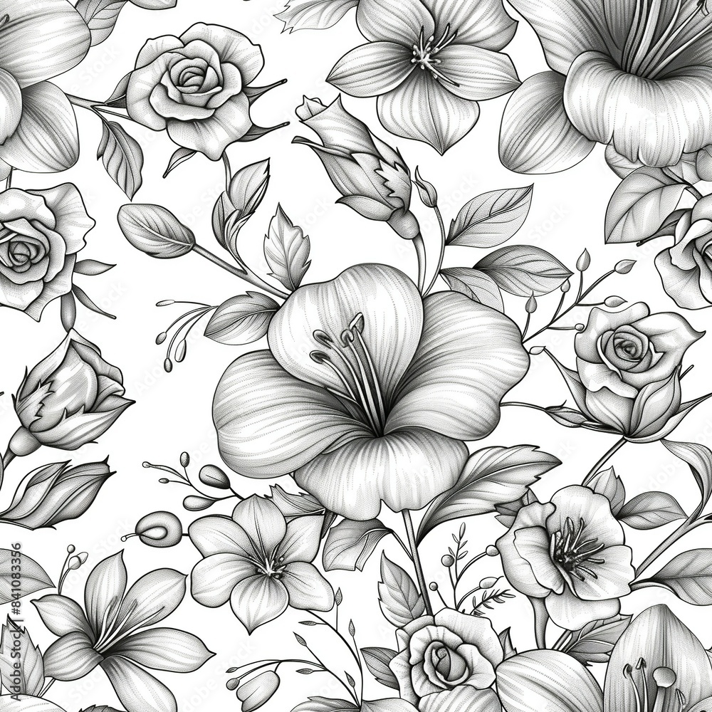 An illustration of a bouquet of mixed flowers in line art, including roses, lilies, and daisies, each rendered with fine details and textures. Minimal pattern banner wallpaper, simple background, An illustration of a bouquet of mixed flowers in line art, including roses, lilies, and daisies, each rendered with fine details and textures. Minimal pattern banner wallpaper, simple background,