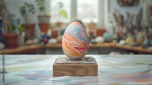 Happy Easter!.Colorful Easter egg on a wooden table. photo