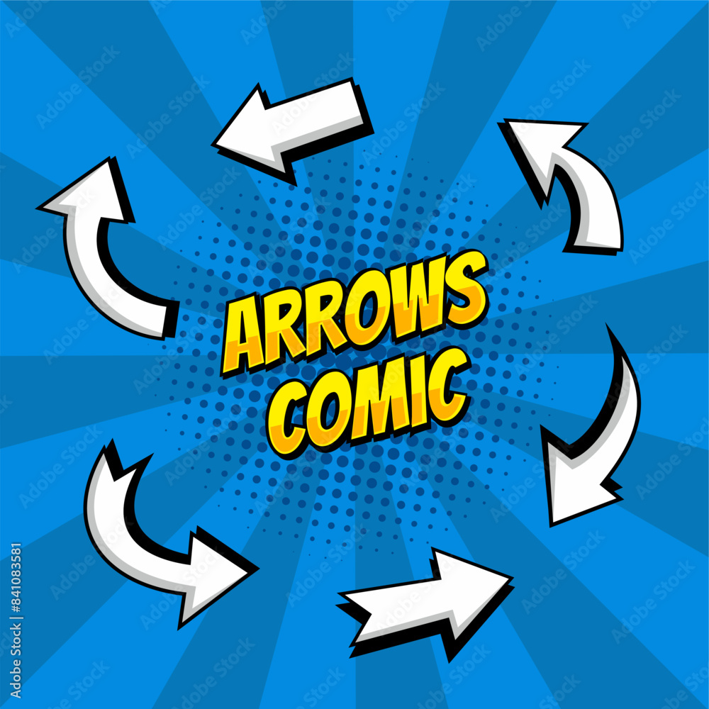 Arrow comic pop art. Cartoon 80s-90s style infographic various directions pointer collection. Retro empty cursor sign boom. 