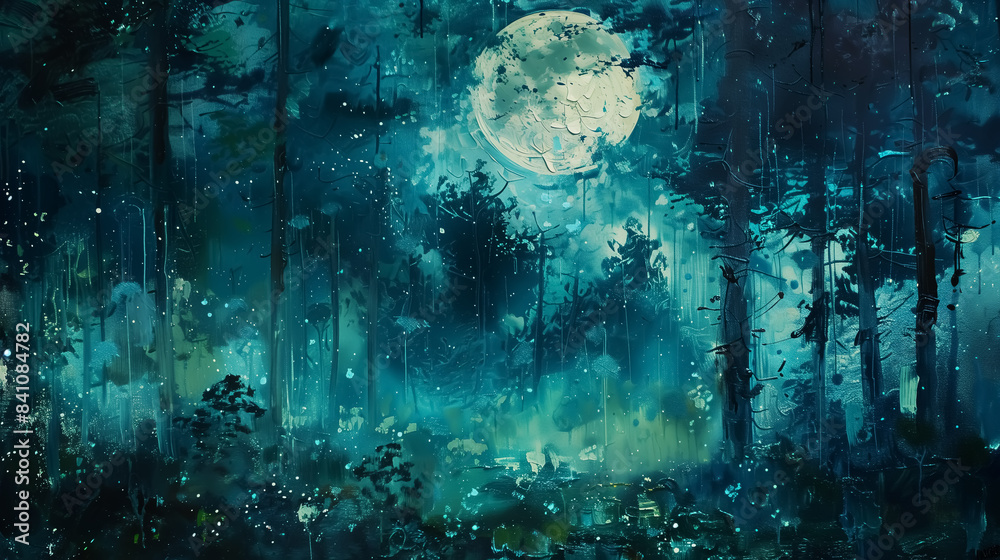 impressionist oil painting, impressionism forest under moon. Wall Art Poster Print Design for Home Decor, Decoration Artwork, High Resolution Wallpaper & Background for Computer, Smartphone, Cellphone