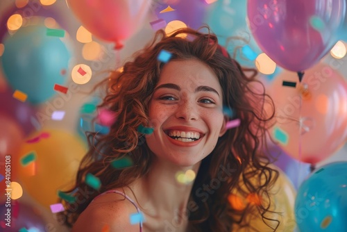 A joyful woman amidst colorful balloons and confetti, celebrating with a bright smile and festive atmosphere.