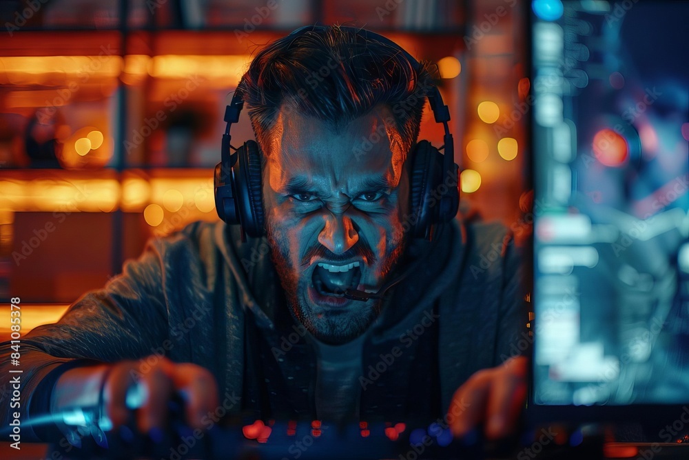 Intense gamer focused on screen with headset, illuminated by neon lights, exhibiting excitement and determination while playing a video game. Intense gamer focused on screen with headset, illuminated by neon lights, exhibiting excitement and determination while playing a video game.