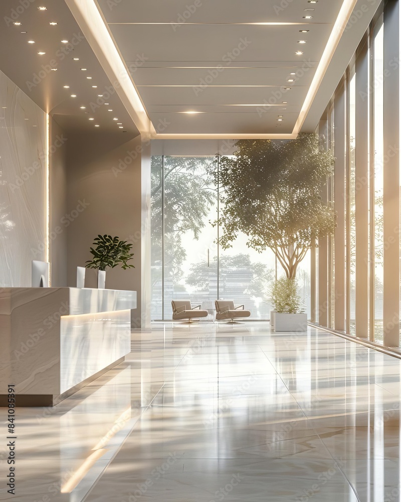 Fototapeta premium Modern, bright office lobby with large windows, sleek design, and natural light, featuring plants and a reception desk.