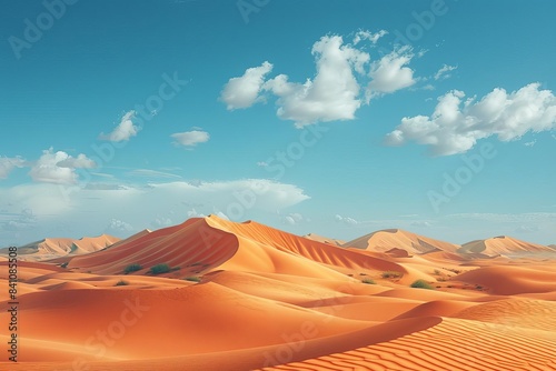 Stunning view of vast desert landscape with sand dunes and clear blue sky  creating a beautiful natural scenery under the sunny day.