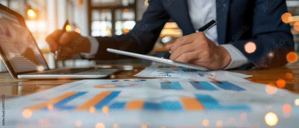 businessman analyzing data on tablet while looking at graphs, double exposure businessman analyzing data on tablet while looking at graphs, double exposure