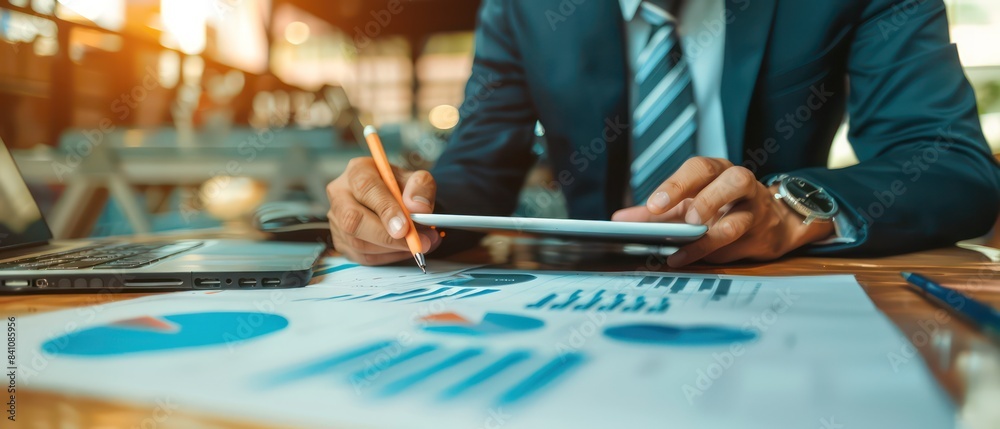 businessman analyzing data on tablet while looking at graphs, double exposure businessman analyzing data on tablet while looking at graphs, double exposure