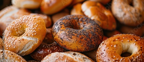 bagels piled high create a visually appealing scene, inviting indulgence in their delicious flavors