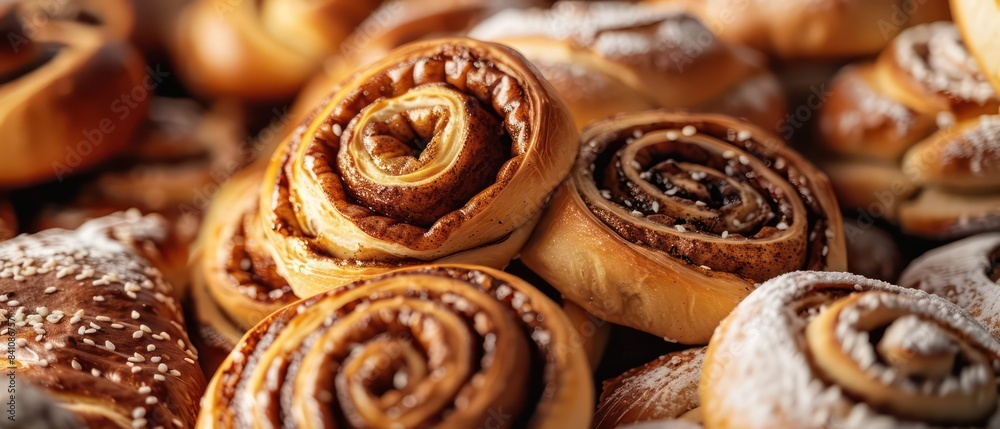 cinnamon buns stacked high in a tantalizing array make for a savory and visually appealing background
