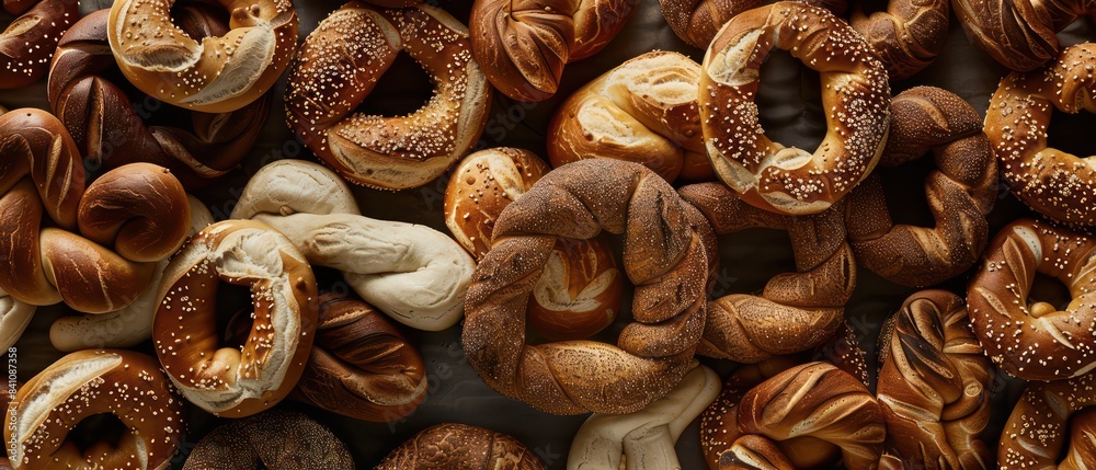 Pretzels stacked high in a tantalizing array make for a savory and visually appealing background Pretzels stacked high in a tantalizing array make for a savory and visually appealing background