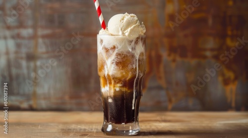 Root Beer Float, a vintage-style photograph. A tall glass filled with creamy vanilla ice cream, creating a foamy head. A red and white striped straw rests on the rim of the glass