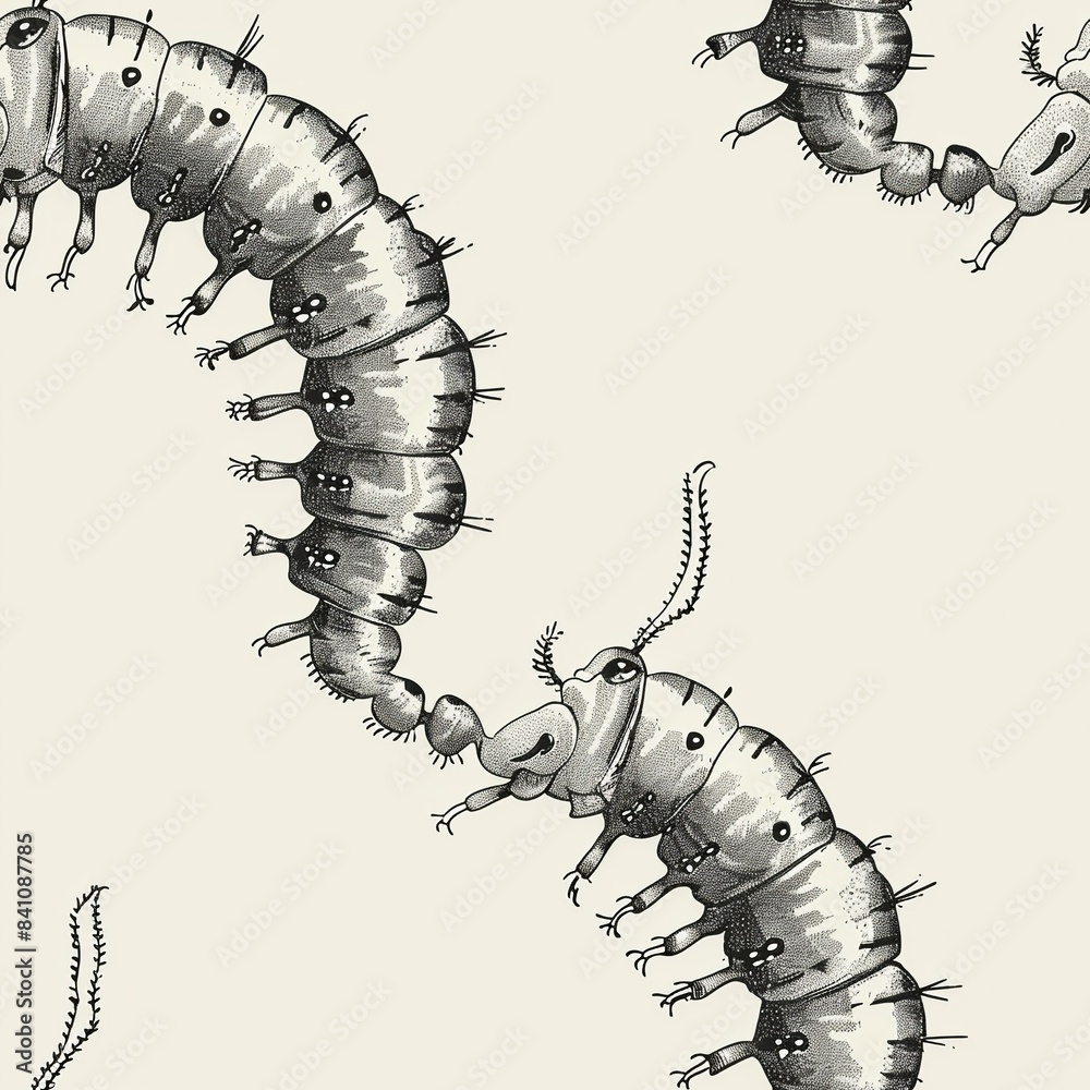 Obraz premium Detailed line work of a caterpillar, highlighting its segmented body, prolegs, and distinct head capsule. Minimal pattern banner wallpaper, simple background, Seamless,