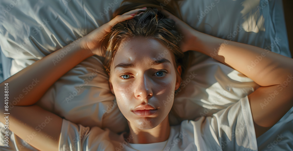 Fototapeta premium A woman is laying on a bed with her head tilted back
