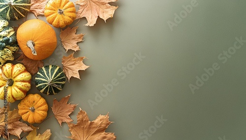 Colorful fall leaves  nuts and pine cones. Corner border over a rustic dark banner background. Overhead view with copy space