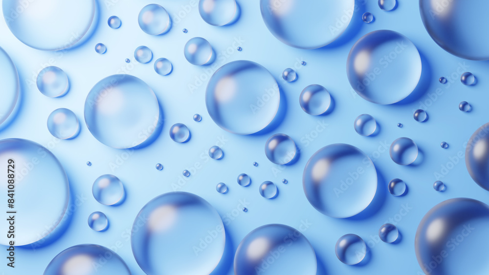 水色背景に複数の透明な丸いガラス。俯瞰。3D(横長) 水色背景に複数の透明な丸いガラス。俯瞰。3D(横長)