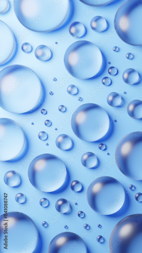 水色背景に複数の透明な丸いガラス。俯瞰。3D(縦長) 水色背景に複数の透明な丸いガラス。俯瞰。3D(縦長)