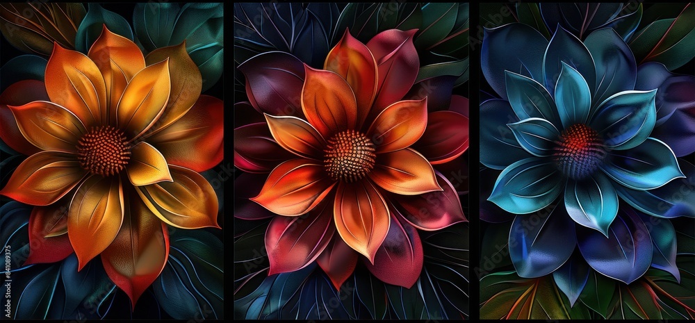 Fototapeta premium 3D render of colorful abstract flowers in a triptych design on a dark background, a detailed botanical illustration for wall decoration