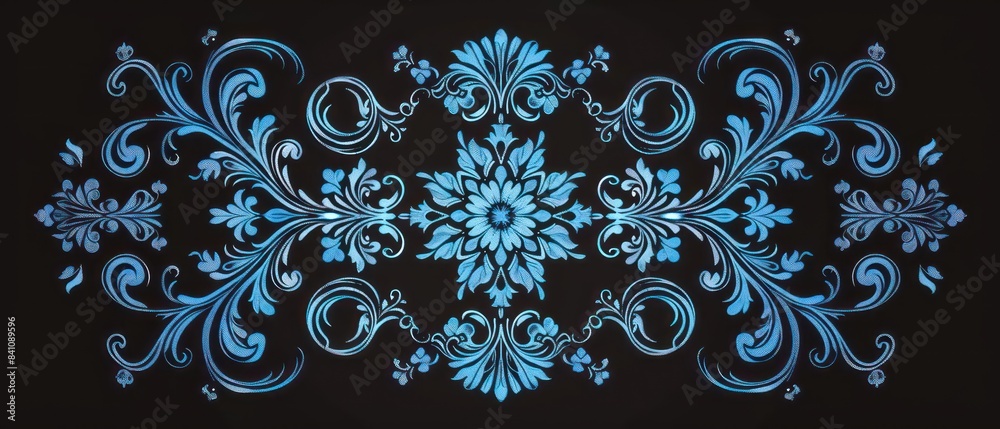 blue victorian ornament, black background blue victorian ornament, black background