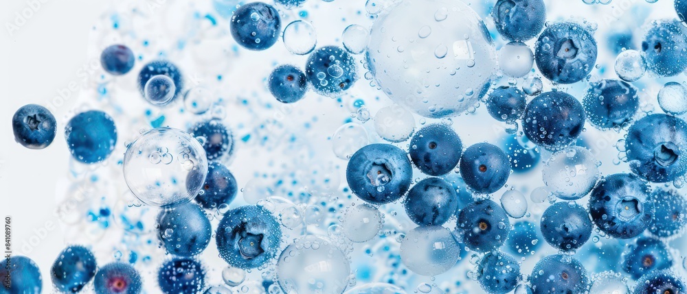 blueberries in soda bubbles on white background blueberries in soda bubbles on white background