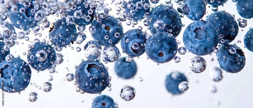blueberries in soda bubbles on white background blueberries in soda bubbles on white background