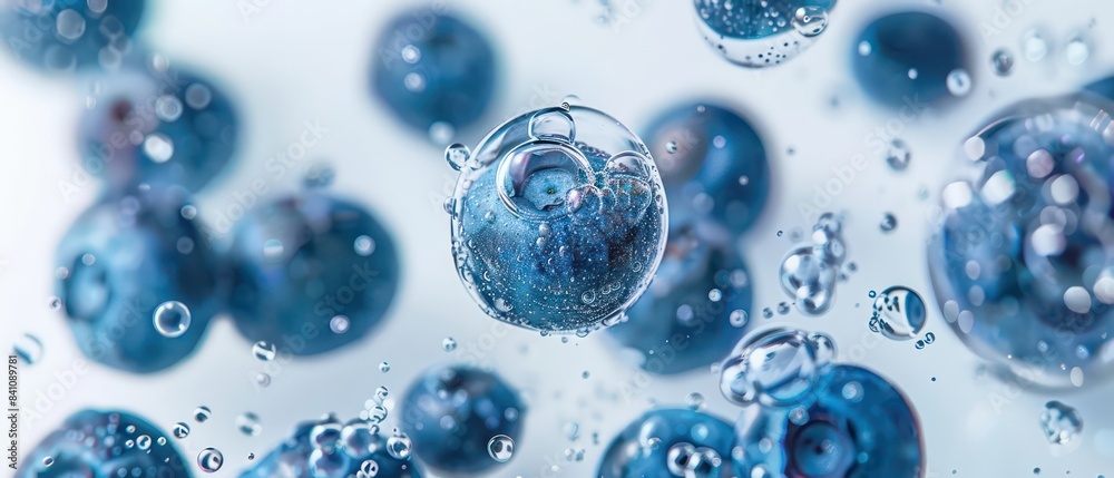 blueberries in soda bubbles on white background