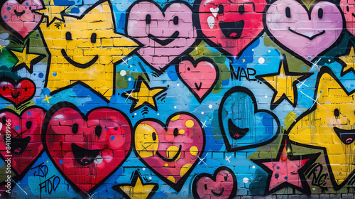 Colorful Graffiti Artwork Featuring Hearts and Stars on Brick Wall