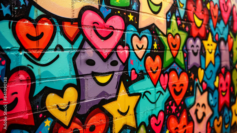 Colorful Graffiti Hearts and Stars on a Brick Wall Colorful Graffiti Hearts and Stars on a Brick Wall