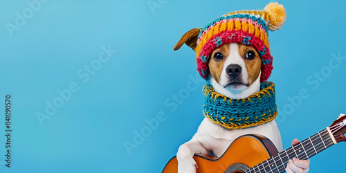  a dog dressed in a colorful hat and orange sweater, playing a guitar. photo