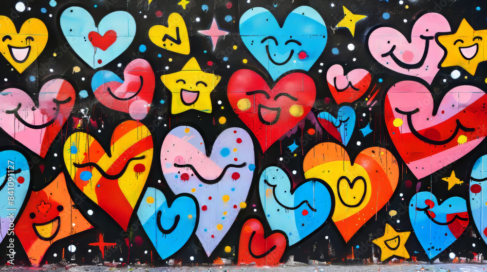 Colorful Heart and Star Graffiti Art on a Black Wall Colorful Heart and Star Graffiti Art on a Black Wall