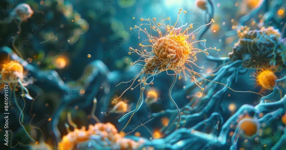 Close up of intricate microscopic organisms in a vibrant blue and orange environment, depicting the beauty of cellular structures. Close up of intricate microscopic organisms in a vibrant blue and orange environment, depicting the beauty of cellular structures.