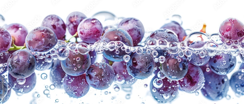 grapes in soda bubbles on white background