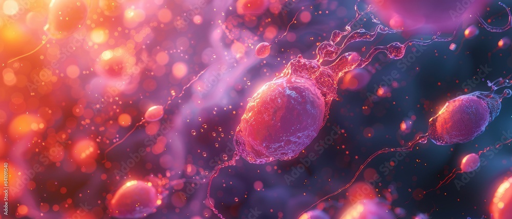 Vibrant close up of microscopic cells in a colorful environment, showcasing the beauty and complexity of biology and scientific exploration. Vibrant close up of microscopic cells in a colorful environment, showcasing the beauty and complexity of biology and scientific exploration.