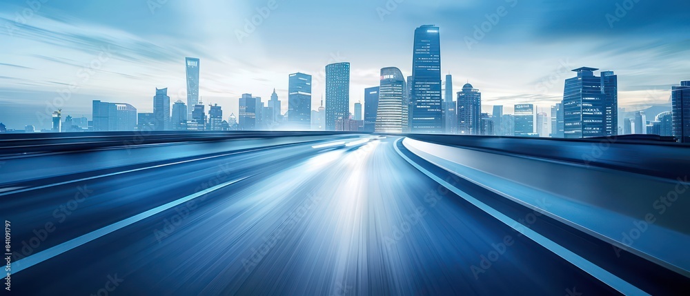 Fototapeta premium wide futuristic road going through a tunnel, futuristic city skyline