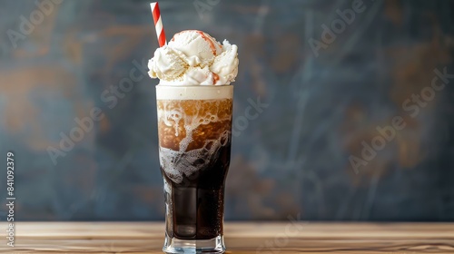 Sarsaparilla Float, a vintage-style photograph. A tall glass filled with creamy vanilla ice cream, creating a foamy head. A red and white striped straw rests on the rim of the glass photo