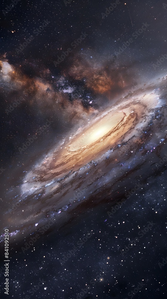 Fototapeta premium A breathtaking panorama of a distant galaxy, with its spiral arms stretching across the vastness of space, bathed in the light of distant stars, Generative AI