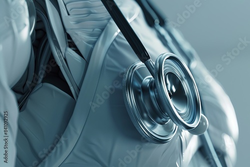 Closeup of a stethoscope on a patients chest, detecting heart valve issues, side view, highlighting diagnostic tools, robotic tone, Monochromatic Color Scheme photo