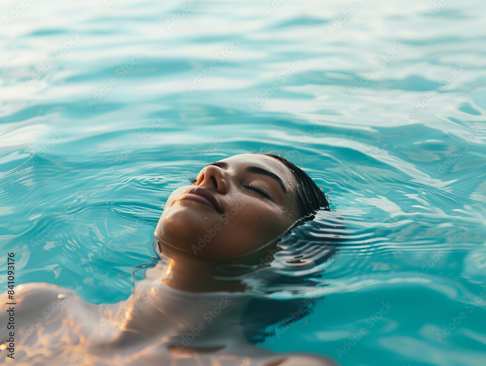Person floating peacefully in a calm sea, close up on serene expression, relaxation theme, realistic, overlay, ocean backdrop