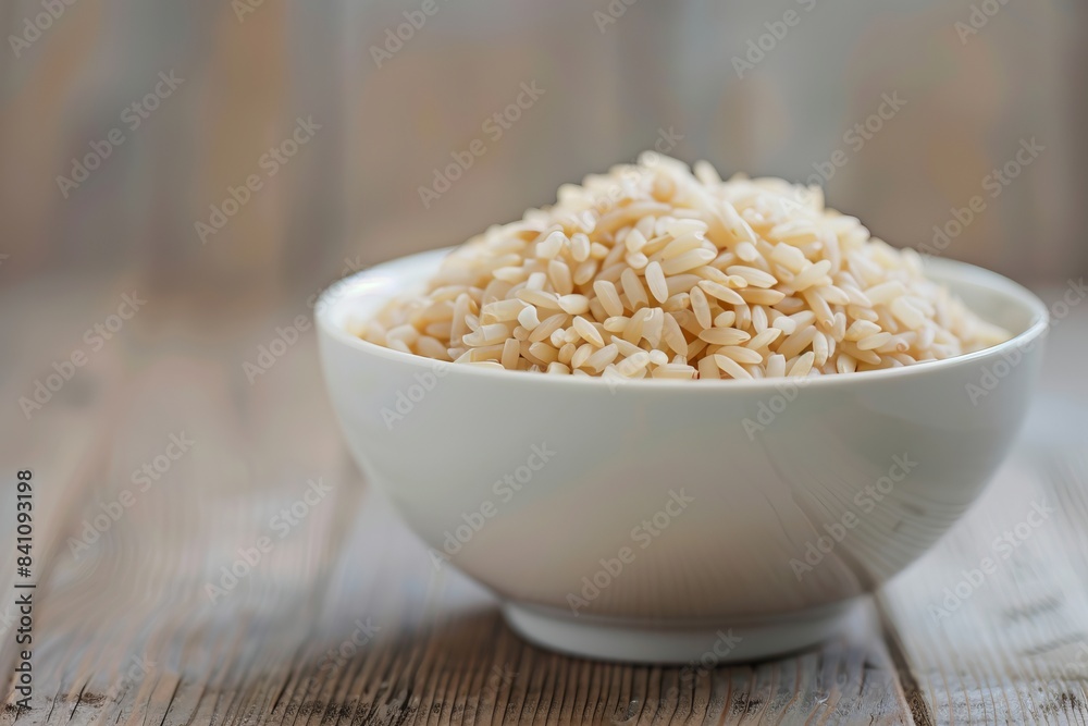 Bowl of cooked brown rice, simple and wholesome, side view, promoting healthy eating, futuristic tone, Complementary Color Scheme Bowl of cooked brown rice, simple and wholesome, side view, promoting healthy eating, futuristic tone, Complementary Color Scheme