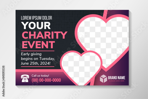 Charity and donation poster design templates with vector line icon. heart shape for photo space. Card flyer poster illustration with your text for volunteer center, fundraising event, organization.